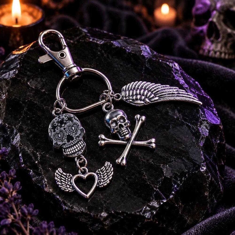 Halloween Day of the Dead Skull Wing Handcrafted Zipper Purse Bag Clip Keychain